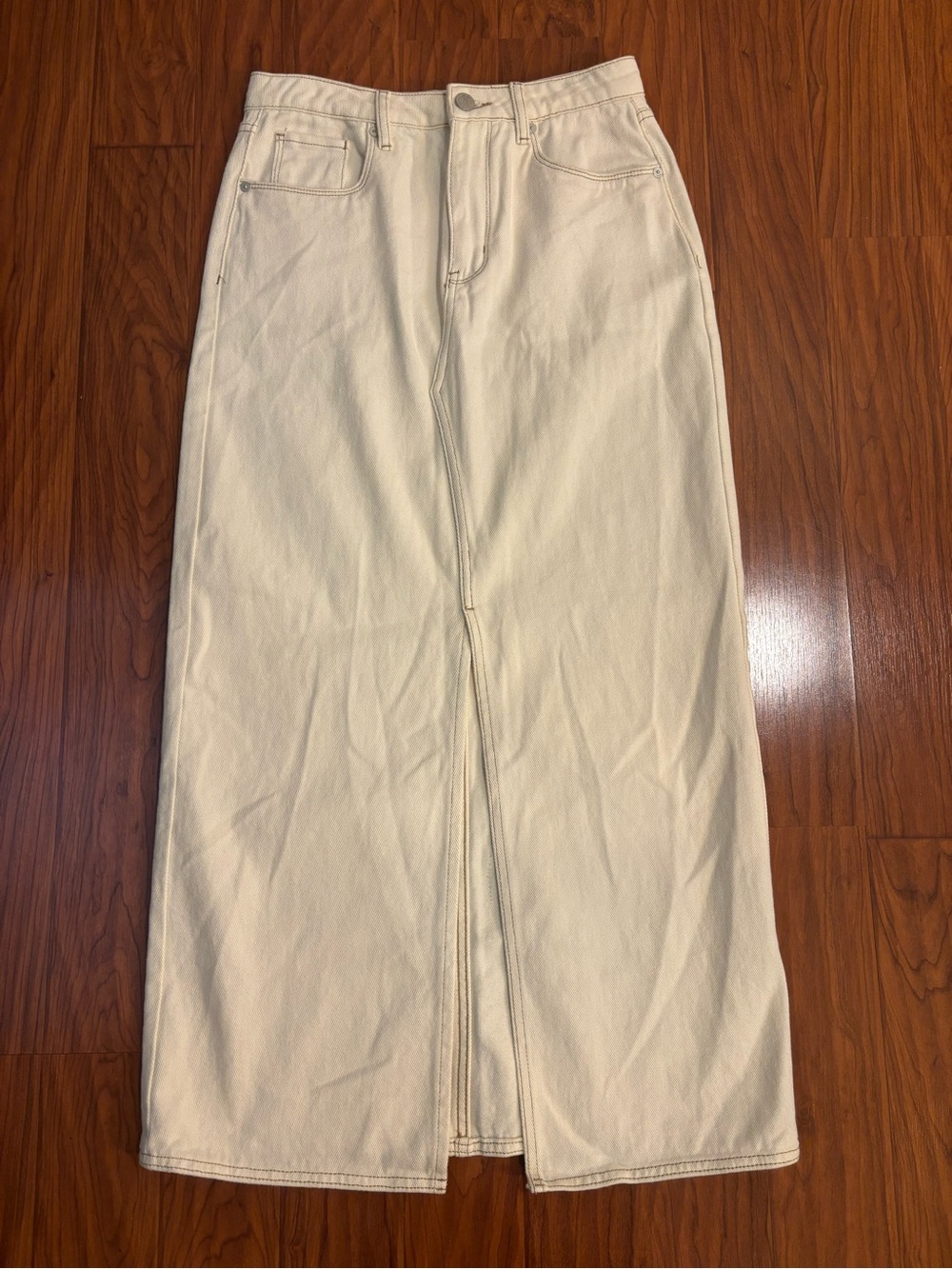 Blank NYC Cream High-Waist Denim Maxi Skirt with Front Slit Womens 26